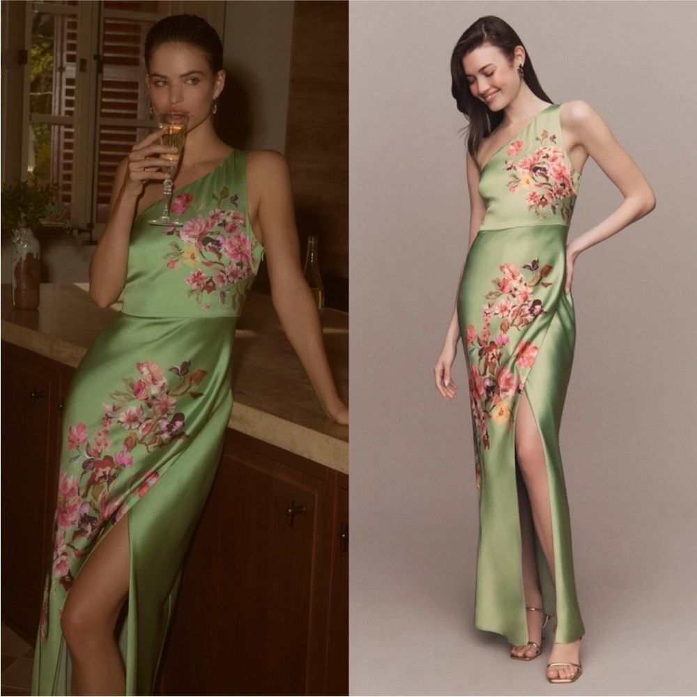 NWT BHLDN NWT Dylan One Shoulder Satin Green Floral Maxi $248